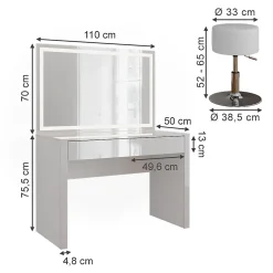 Vicco Coiffeuse blanc brillant/blanc 110cm avec miroir LED et tabouret