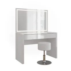 Vicco Coiffeuse blanc brillant/blanc 110cm avec miroir LED et tabouret