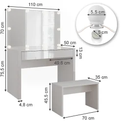 Vicco Coiffeuse blanc brillant/blanc 110cm avec éclairage LED et banc