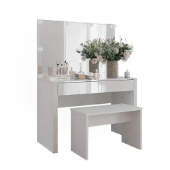 Vicco Coiffeuse blanc brillant/blanc 110cm avec éclairage LED et banc