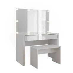 Vicco Coiffeuse blanc brillant/blanc 110cm avec éclairage LED et banc