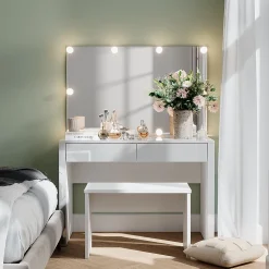 Vicco Coiffeuse blanc brillant/blanc 110cm avec éclairage LED et banc