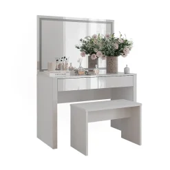 Vicco Coiffeuse blanc brillant/blanc 110cm avec miroir LED et banc