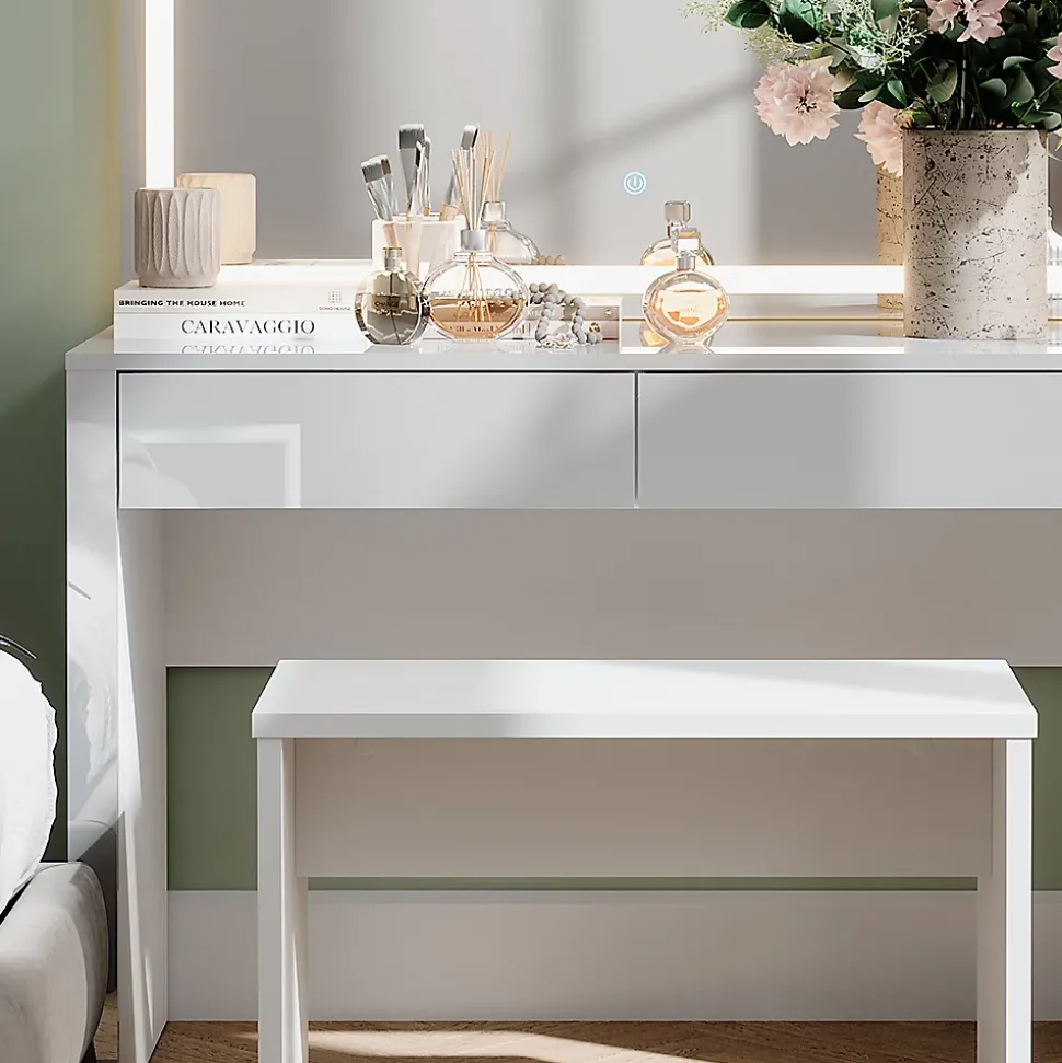 Vicco Coiffeuse blanc brillant/blanc 110cm avec miroir LED et banc