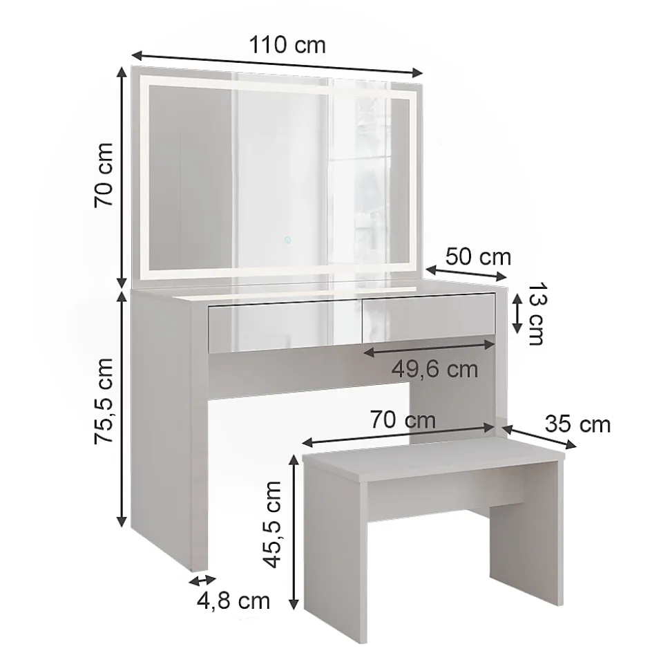 Vicco Coiffeuse blanc brillant/blanc 110cm avec miroir LED et banc