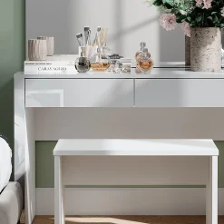 Vicco Coiffeuse blanc brillant/blanc 110cm avec miroir et banc