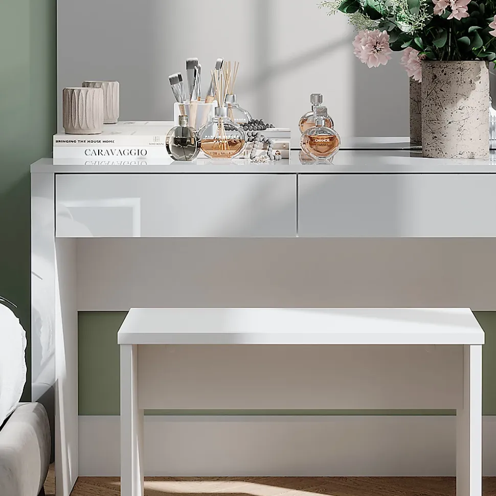 Vicco Coiffeuse blanc brillant/blanc 110cm avec miroir et banc