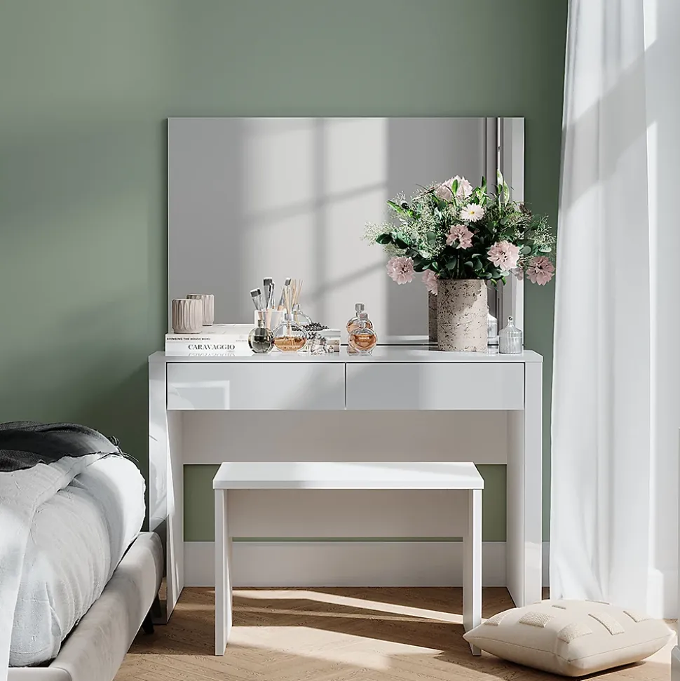 Vicco Coiffeuse blanc brillant/blanc 110cm avec miroir et banc