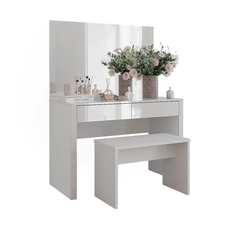 Vicco Coiffeuse blanc brillant/blanc 110cm avec miroir et banc