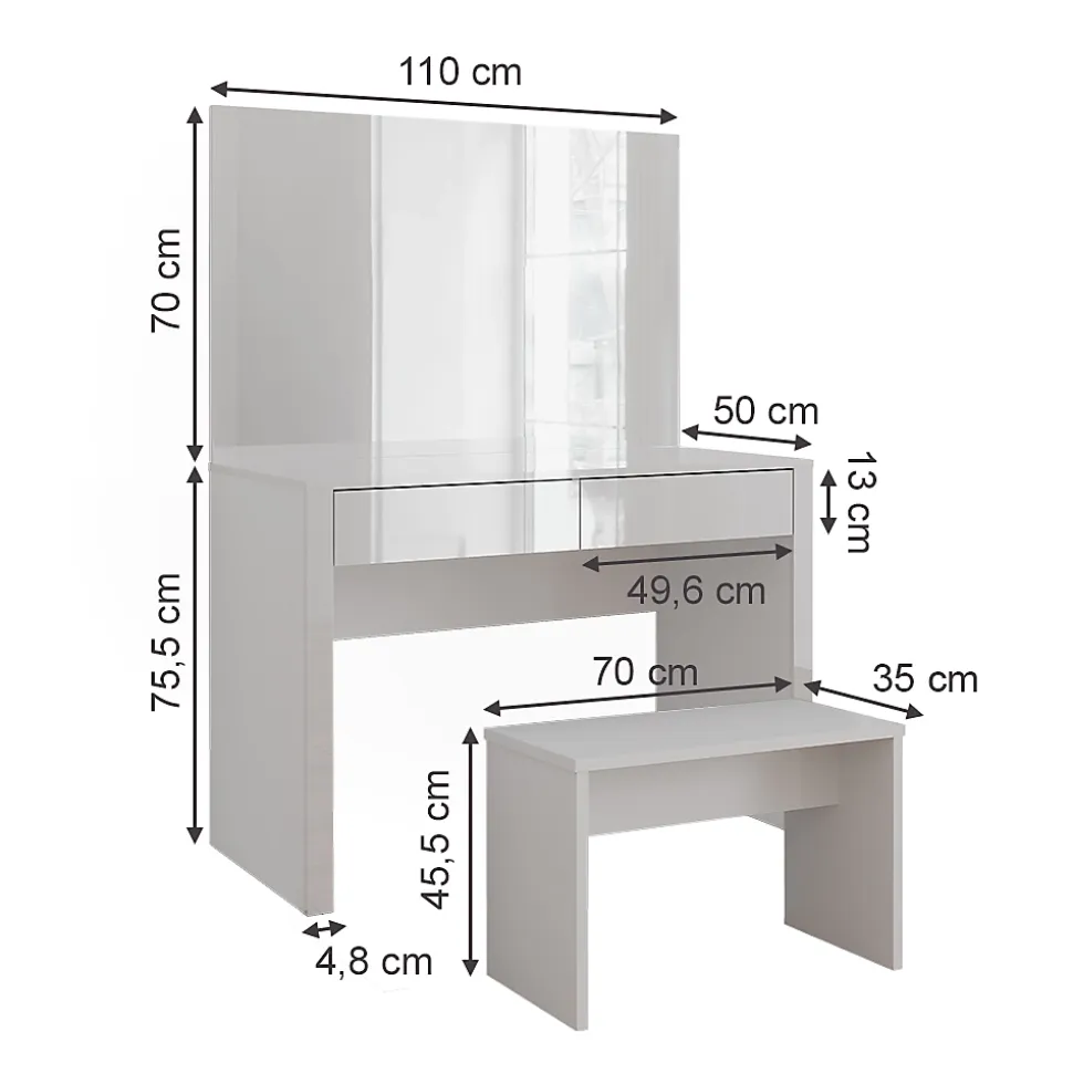 Vicco Coiffeuse blanc brillant/blanc 110cm avec miroir et banc