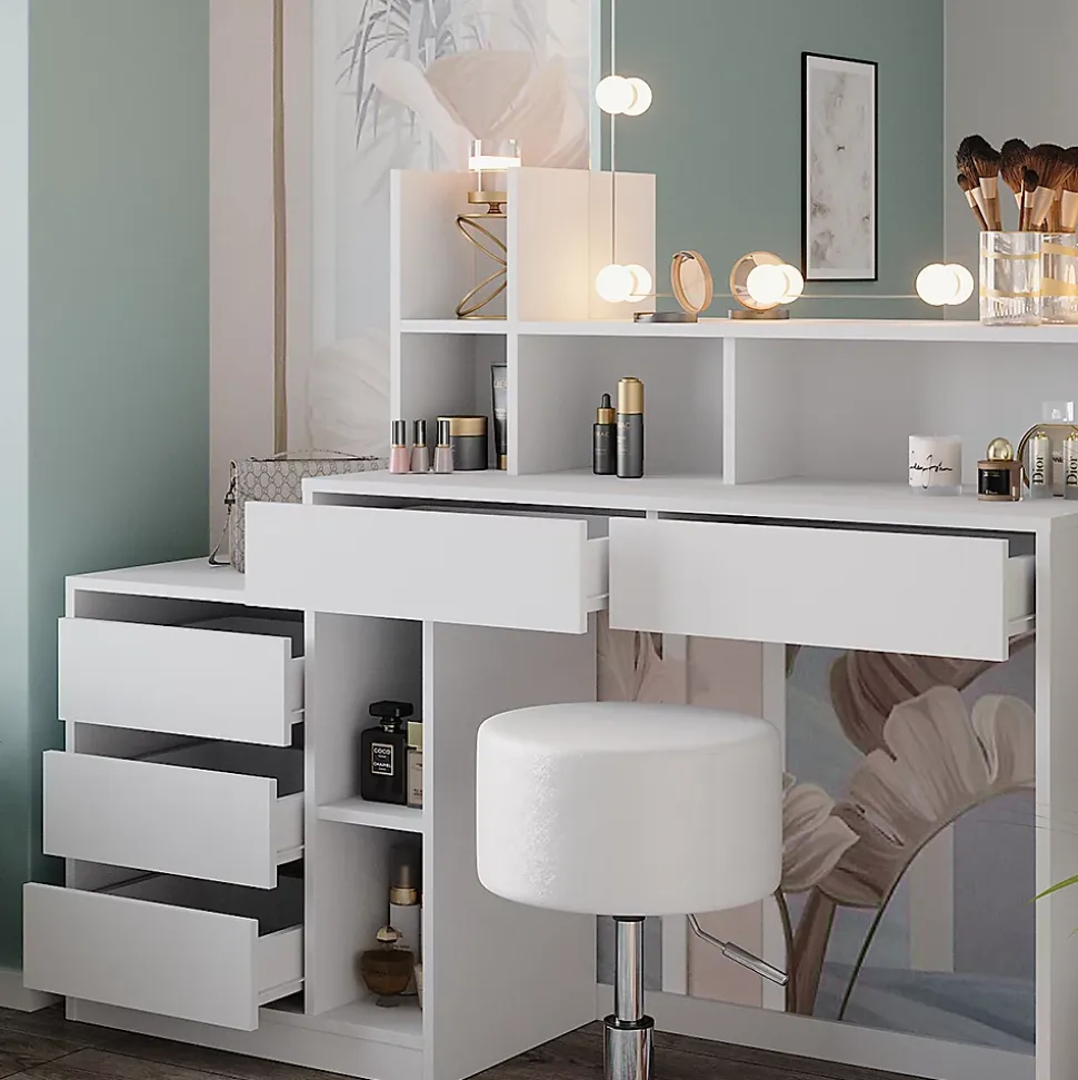 Vicco Coiffeuse Blanc 139.8cm avec éclairage LED et tabouret