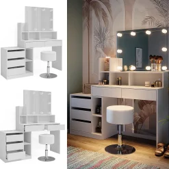 Vicco Coiffeuse Blanc 139.8cm avec éclairage LED et tabouret
