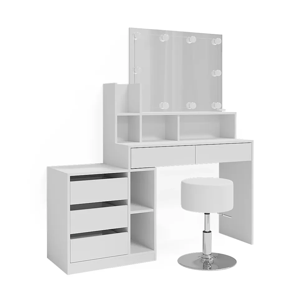 Vicco Coiffeuse Blanc 139.8cm avec éclairage LED et tabouret