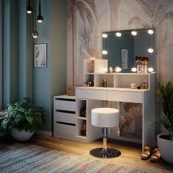 Vicco Coiffeuse Blanc 139.8cm avec éclairage LED et tabouret