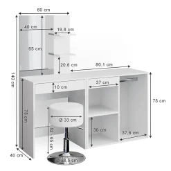 Vicco Coiffeuse Blanc 140cm avec tabouret