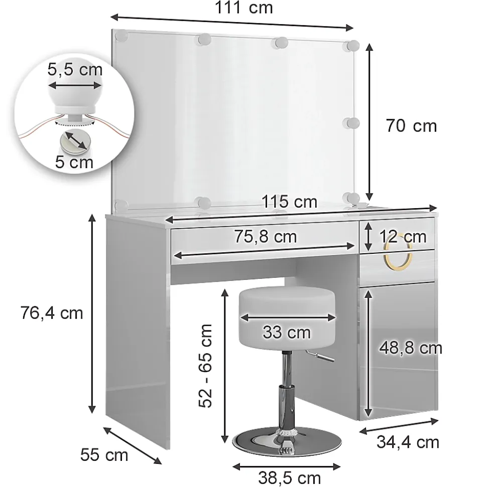 Vicco Coiffeuse Blanc 115cm avec éclairage LED et tabouret