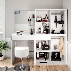 Vicco Coiffeuse Blanc 140cm avec tabouret et armoire