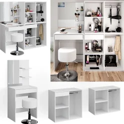 Vicco Coiffeuse Blanc 140cm avec tabouret et armoire