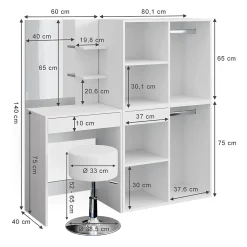 Vicco Coiffeuse Blanc 140cm avec tabouret et armoire