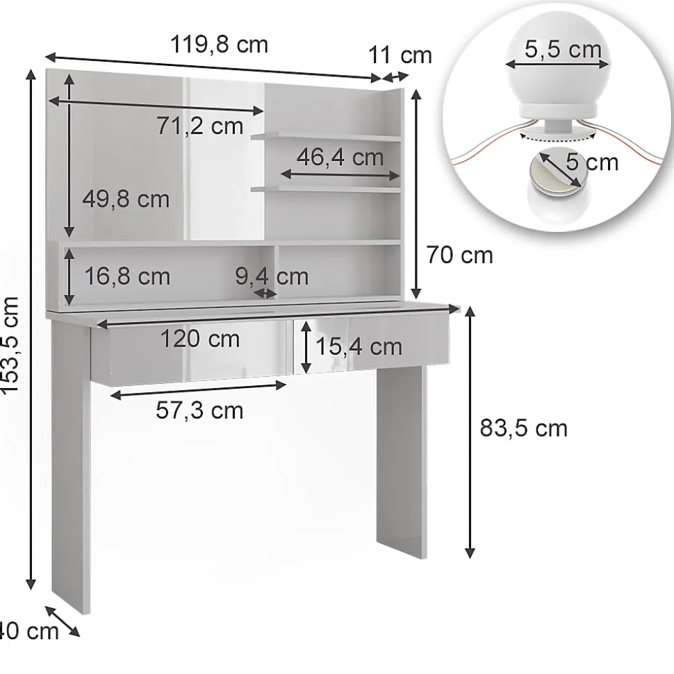 Vicco Coiffeuse Blanc 120cm avec éclairage LED