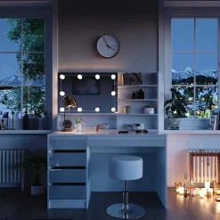 Vicco Coiffeuse Blanc 120cm avec éclairage LED, tabouret et étagère miroir