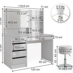 Vicco Coiffeuse Blanc 120cm avec éclairage LED, tabouret et étagère miroir