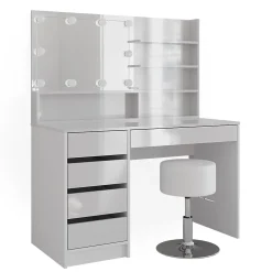 Vicco Coiffeuse Blanc 120cm avec éclairage LED, tabouret et étagère miroir