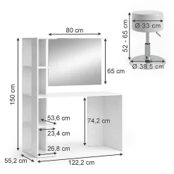 Vicco Coiffeuse Blanc 122.2cm avec miroir et tabouret