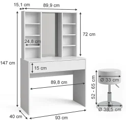 Vicco Coiffeuse Blanc 93cm avec tabouret