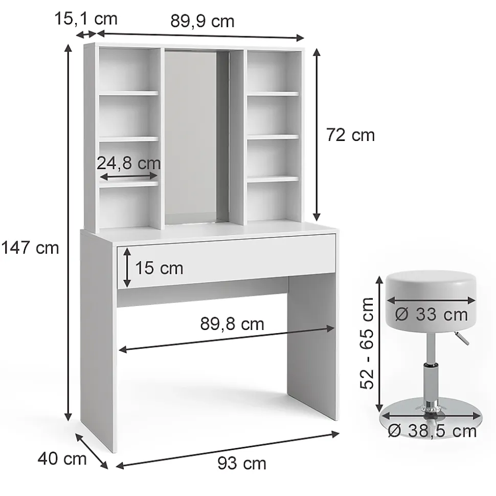 Vicco Coiffeuse Blanc 93cm avec tabouret