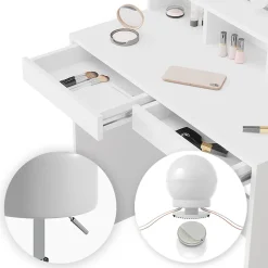 Vicco Coiffeuse Blanc 80cm avec éclairage LED et tabouret