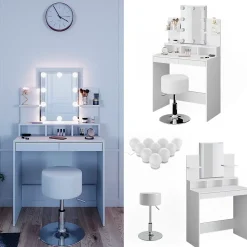 Vicco Coiffeuse Blanc 80cm avec éclairage LED et tabouret