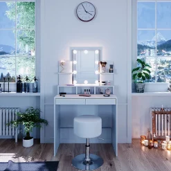 Vicco Coiffeuse Blanc 80cm avec éclairage LED et tabouret