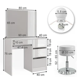 Vicco Coiffeuse Blanc 40cm avec éclairage LED et tabouret