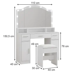 Vicco Coiffeuse Blanc 110cm avec miroir LED et tabouret