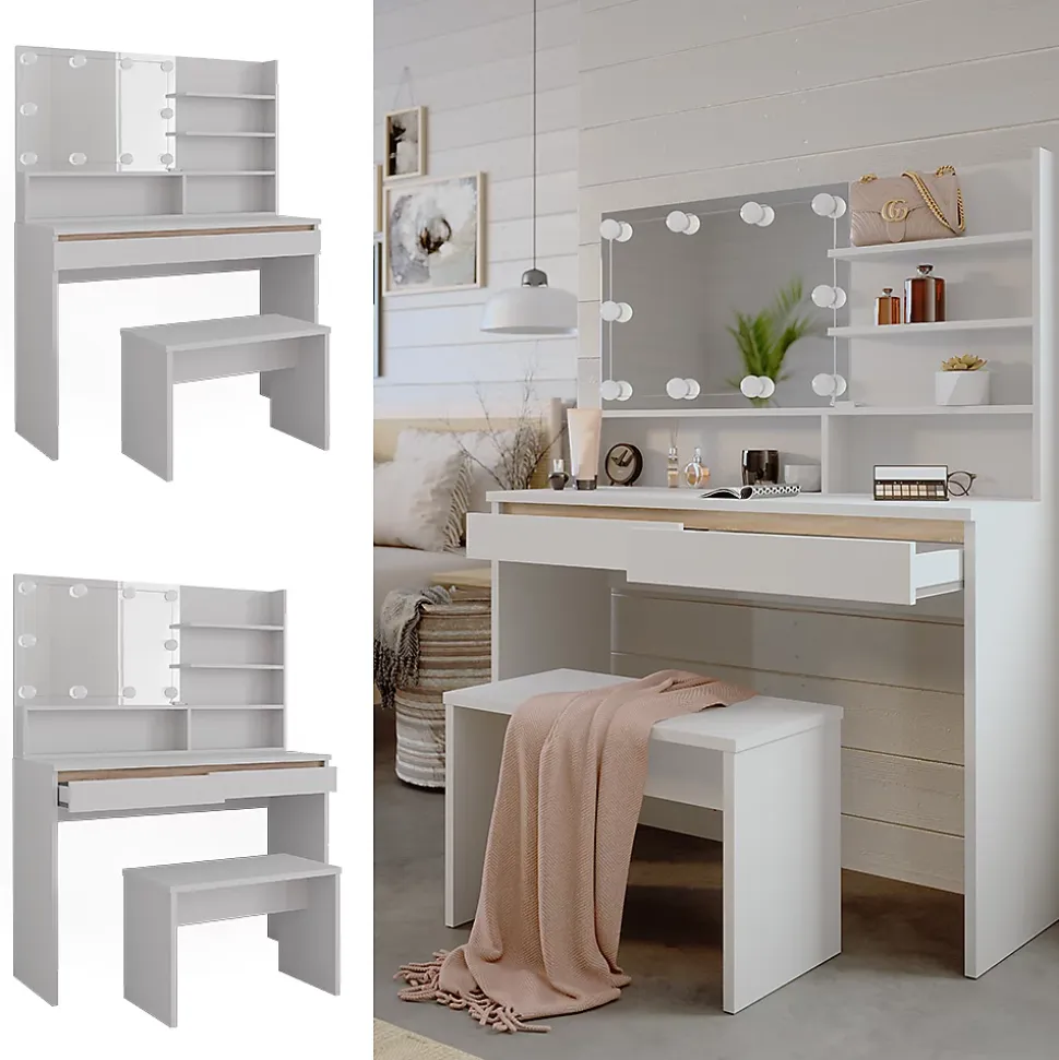 Vicco Coiffeuse Blanc 120cm avec étagère miroir, banc & éclairage LED