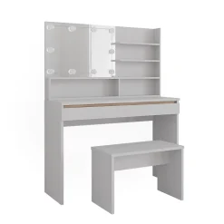 Vicco Coiffeuse Blanc 120cm avec étagère miroir, banc & éclairage LED