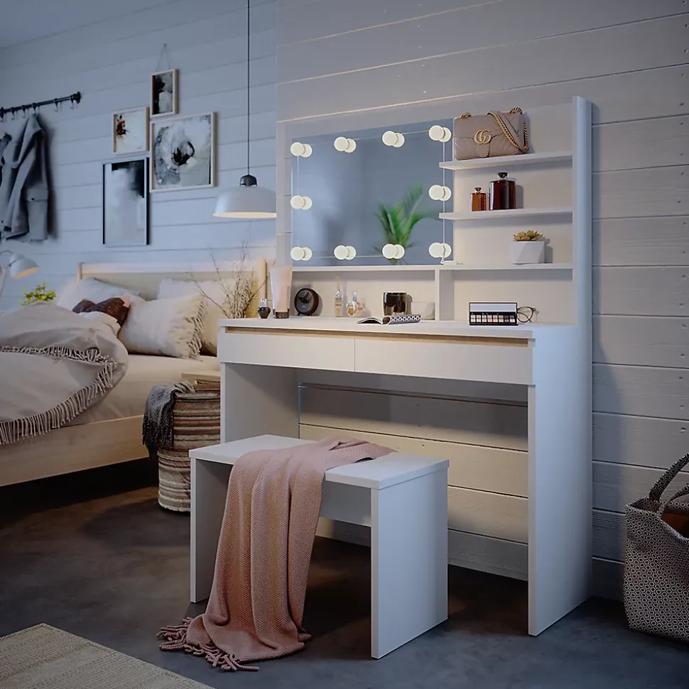 Vicco Coiffeuse Blanc 120cm avec étagère miroir, banc & éclairage LED