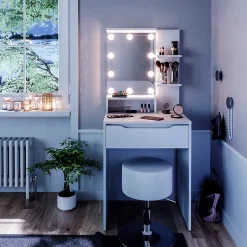 Vicco Coiffeuse Blanc 60cm avec éclairage LED et tabouret