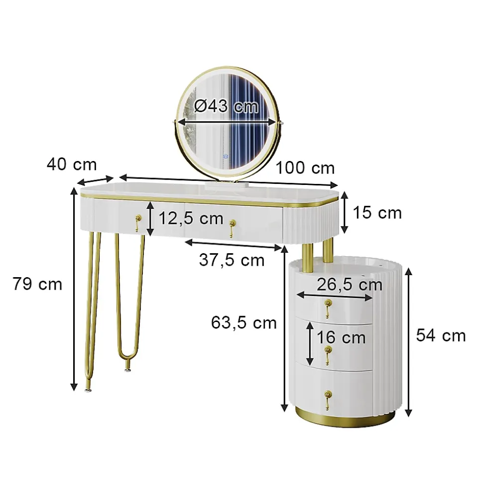 Vicco Coiffeuse Blanc 100cm avec miroir LED