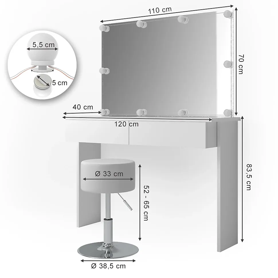 Vicco Coiffeuse Blanc 120cm avec éclairage LED et tabouret