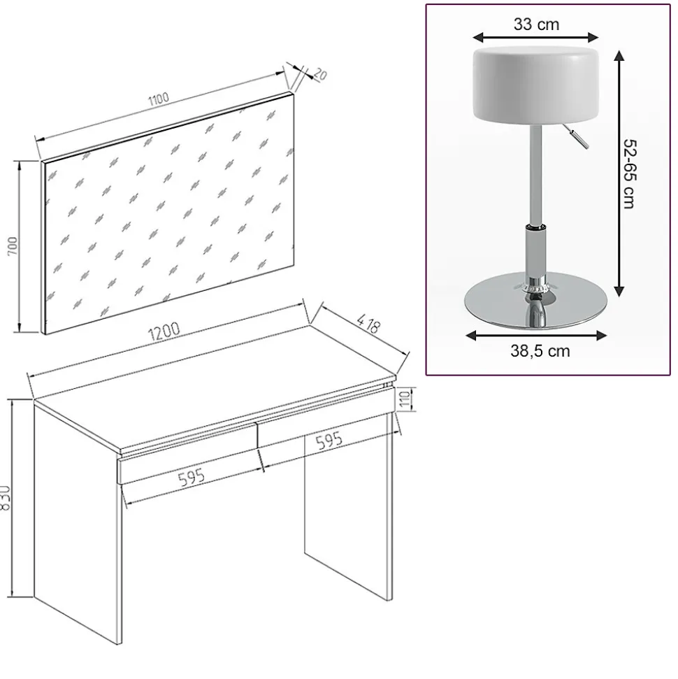 Vicco Coiffeuse Blanc 120cm avec tabouret