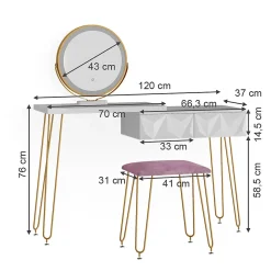 Vicco Coiffeuse Blanc 120cm avec éclairage LED et tabouret