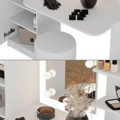 Vicco Coiffeuse Blanc 123cm avec éclairage LED et tabouret