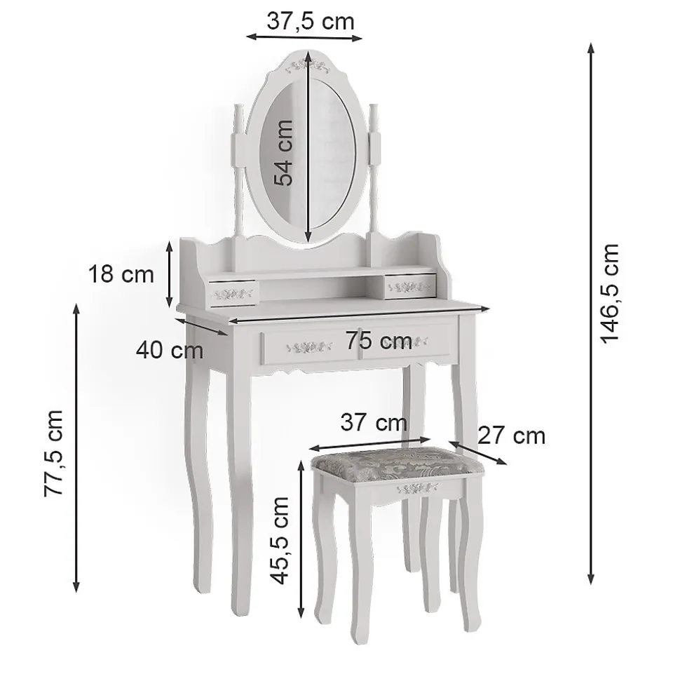 Vicco Coiffeuse Blanc 75cm avec tabouret