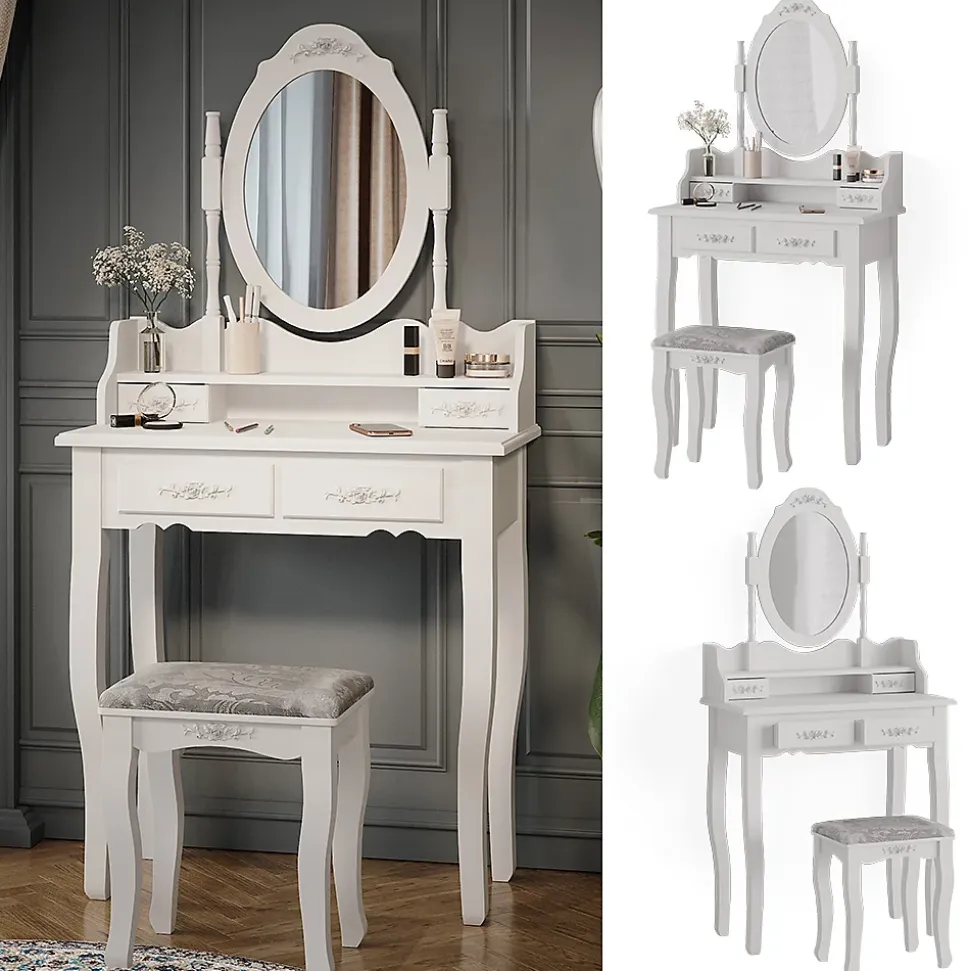 Vicco Coiffeuse Blanc 75cm avec tabouret