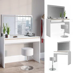 Vicco Coiffeuse Blanc 120cm avec miroir LED et tabouret