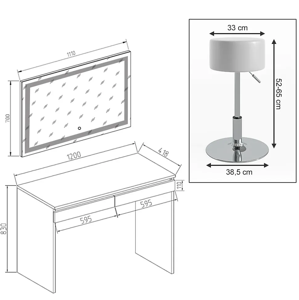 Vicco Coiffeuse Blanc 120cm avec miroir LED et tabouret