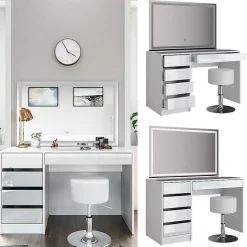 Vicco Coiffeuse Blanc 55cm avec miroir LED et tabouret