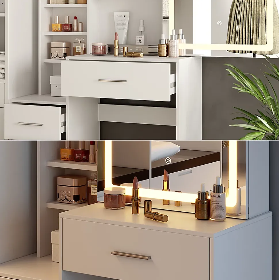 Vicco Coiffeuse Blanc 80cm avec miroir LED